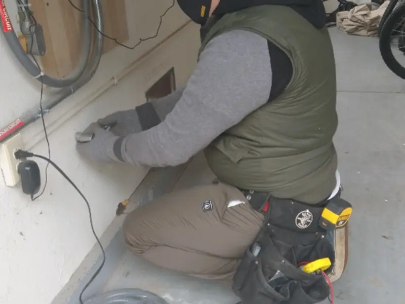 Electrician performing outlet wiring in a Berea garage